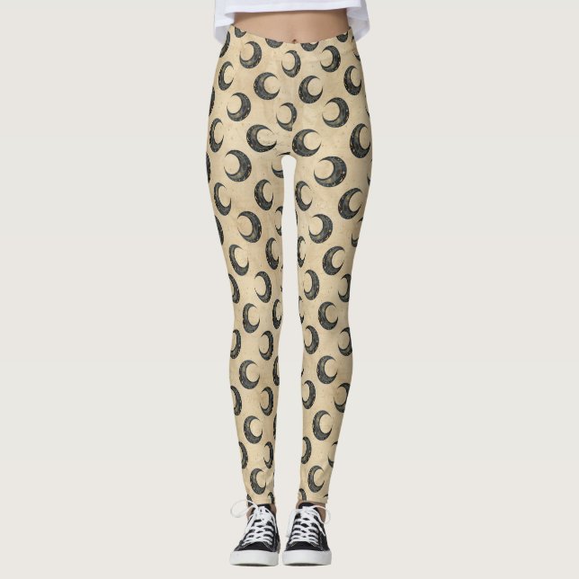 Boho Celestial Moon Gold Pattern Leggings (Front)