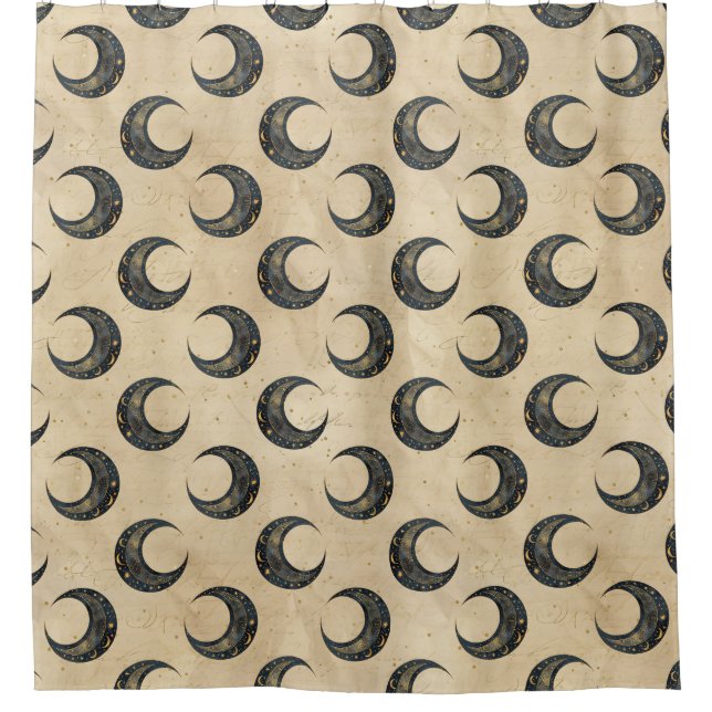 Boho Celestial Moon Gold Pattern Shower Curtain (Front)