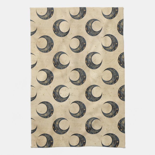 Boho Celestial Moon Gold Pattern Tea Towel (Vertical)