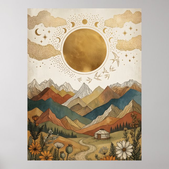 Boho Celestial Moon Phase Mountain Yurt Poster (Front)