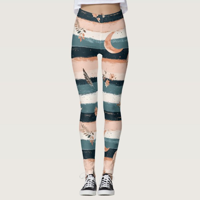 Boho Celestial Moon Stripe in Earth Tones Leggings (Front)