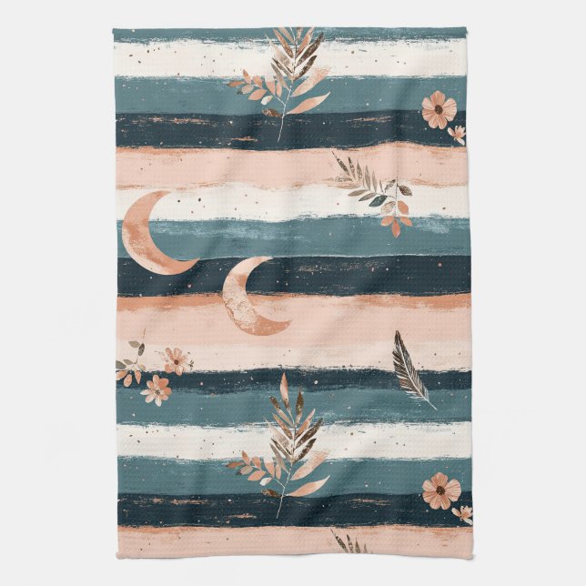 Boho Celestial Moon Stripe in Earth Tones Tea Towel (Vertical)