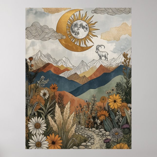 Boho Celestial Mountain Goat Eclipse Moon Poster (Front)