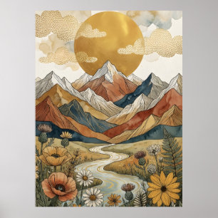 Boho Celestial Mountain River Sun Meadow Poster