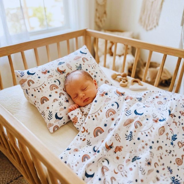 Boho Celestial Nursery  | Neutral Moon and Stars Decorative Cushion (Trendy boho nursery bedding set. Soft rainbow baby pillow & swaddle blanket for cozy sleep)