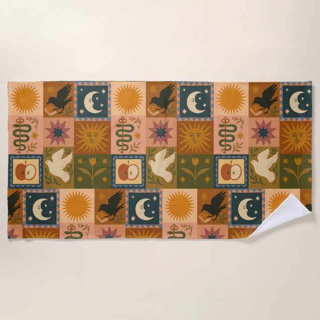 Boho Celestial | Retro Sun & Moon Beach Towel (Front)