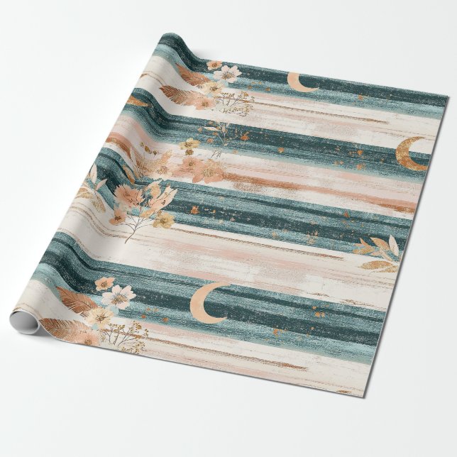 Boho Celestial Stripe in Teal for Free Spirits Wrapping Paper (Unrolled)