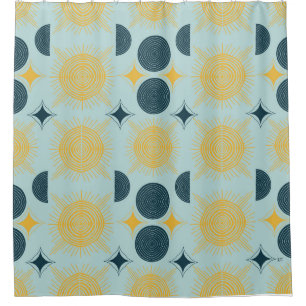 Boho Celestial Sun Moon Blue Pattern Shower Curtain