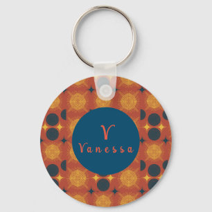 Boho Celestial Sun Moon Monogram Script Keychain