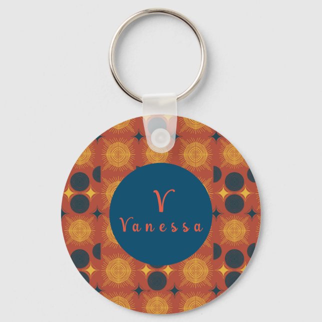 Boho Celestial Sun Moon Monogram Script Keychain (Front)