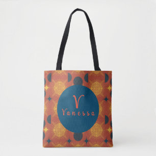 Boho Celestial Sun Moon Monogram Script Tote Bag