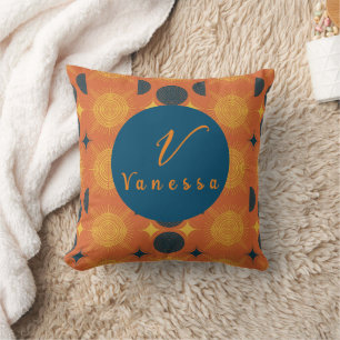 Boho Celestial Sun Moon Orange Monogram Script   Cushion
