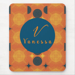 Boho Celestial Sun Moon Orange Monogram Script Mouse Pad