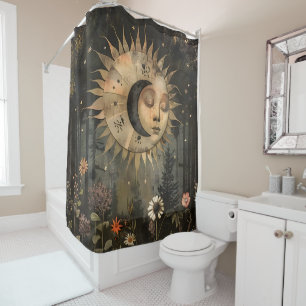 Boho Celestial Sun Moon Wildflower Garden Shower Curtain