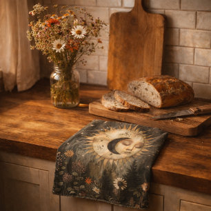 Boho Celestial Sun Moon Wildflower Garden Tea Towel