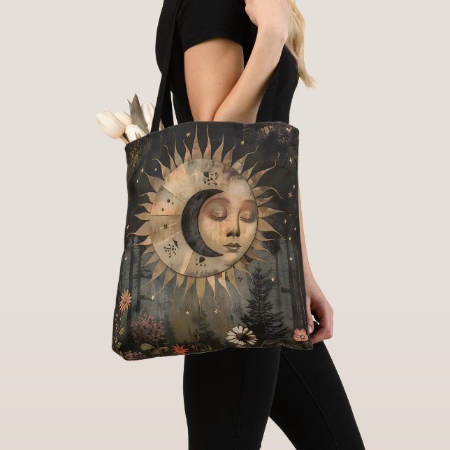 Boho Celestial Sun Moon Wildflower Garden Tote Bag (Close Up)