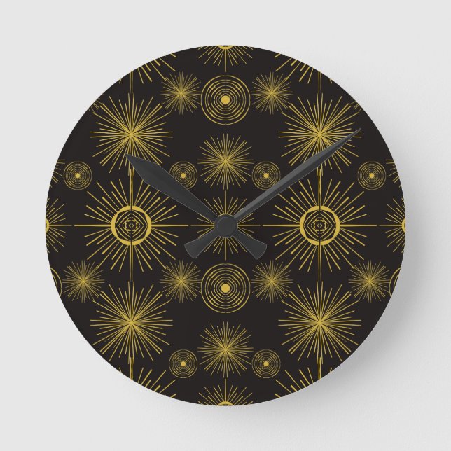Boho Celestial Sun Stars Black Pattern  Round Clock (Front)