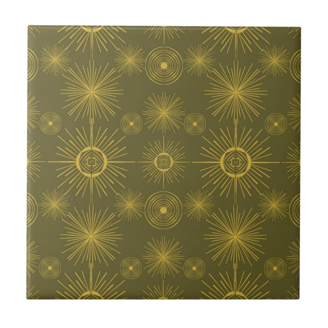 Boho Celestial Sun Stars Green Pattern Tile (Front)