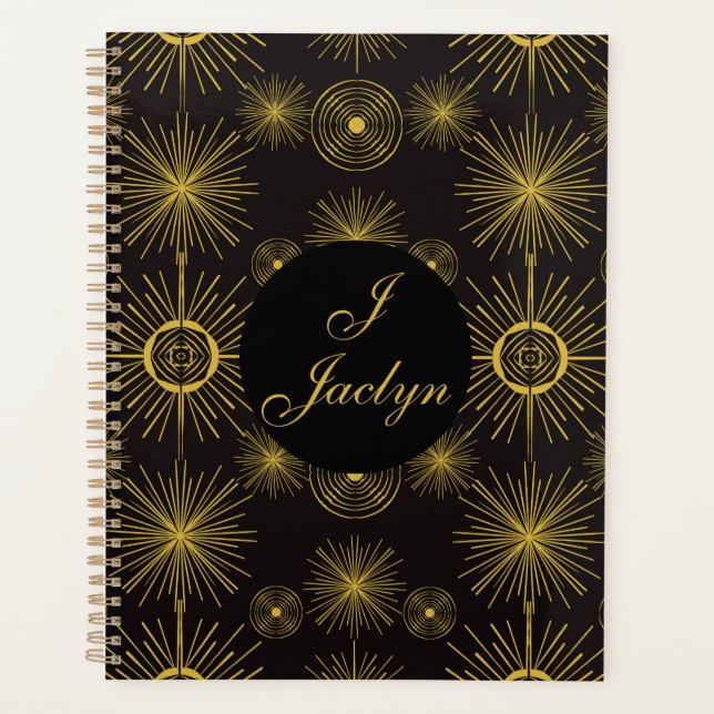 Boho Celestial Sun Stars Personalised Black Planner (Front)