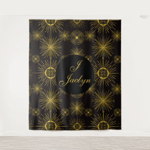 Boho Celestial Sun Stars Personalised Black Tapestry