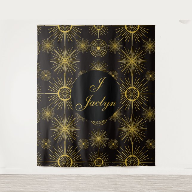 Boho Celestial Sun Stars Personalised Black  Tapestry (Front)