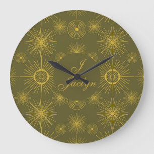 Boho Celestial Sun Stars Personalised Green  Large Clock