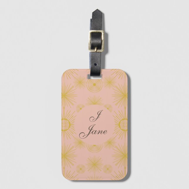 Boho Celestial Sun Stars Personalised Pink  Luggage Tag (Front Vertical)