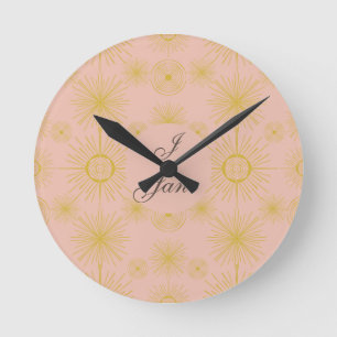 Boho Celestial Sun Stars Personalised Pink  Round Clock