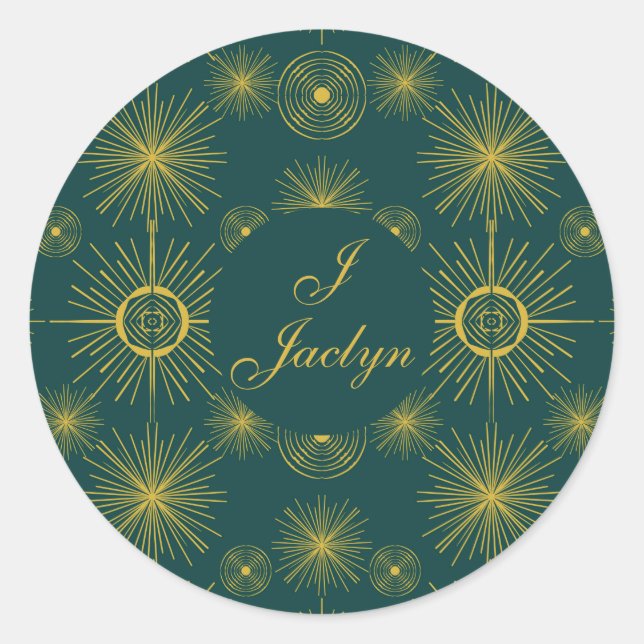 Boho Celestial Sun Stars Personalised Teal Classic Round Sticker (Front)