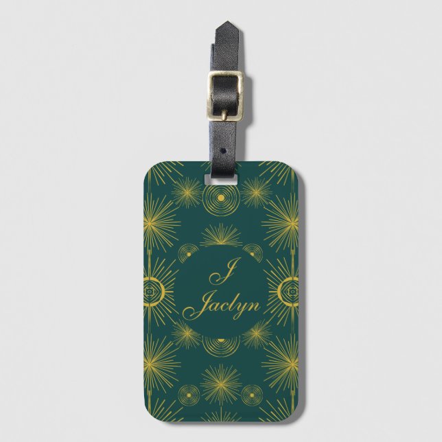 Boho Celestial Sun Stars Personalised Teal  Luggage Tag (Front Vertical)