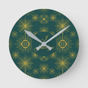 Boho Celestial Sun Stars Personalised Teal Round Clock