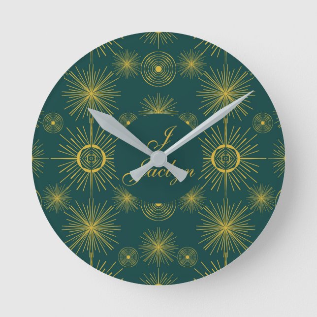 Boho Celestial Sun Stars Personalised Teal Round Clock (Front)