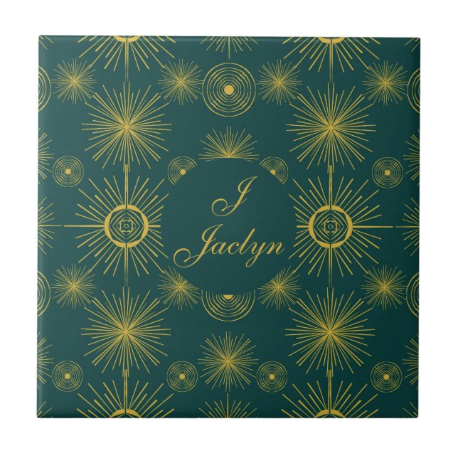 Boho Celestial Sun Stars Personalised Teal  Tile (Front)