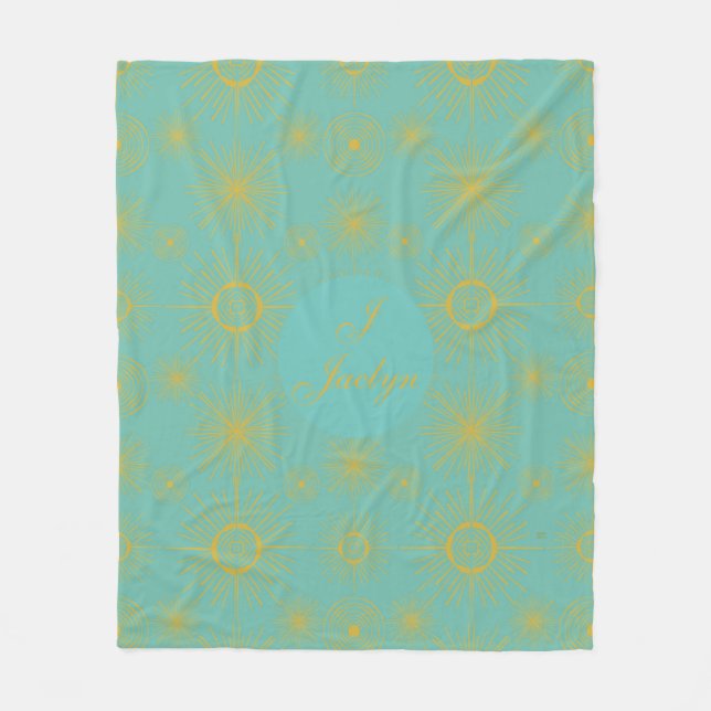 Boho Celestial Sun Stars Personalised Turquoise Fleece Blanket (Front)