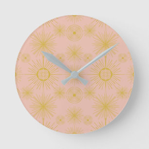 Boho Celestial Sun Stars Pink Pattern Round Clock