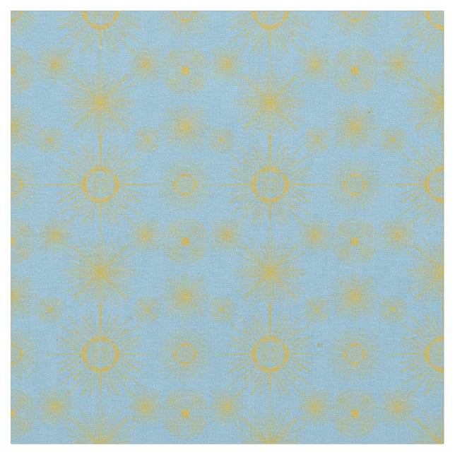 Boho Celestial Sun Stars Sky Blue  Fabric (Close Up)