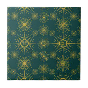 Boho Celestial Sun Stars Teal Pattern Tile