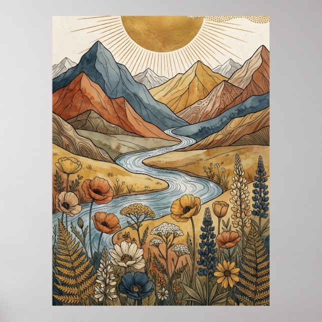 Boho Celestial Sunburst Mountain River Lupin Poster (Front)