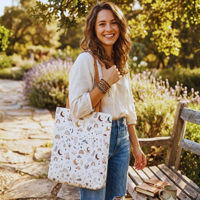 Boho Celestial Tote Bag | Neutral Moon and Stars (Trendy boho rainbow tote bag. Aesthetic & durable canvas shoulder bag for stylish daily use!)