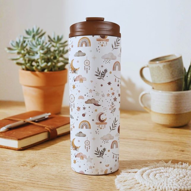 Boho Celestial Tumbler | Neutral Moon and Stars (Trendy boho rainbow travel mug. Durable & stylish insulated stainless steel tumbler, cozy gift!)