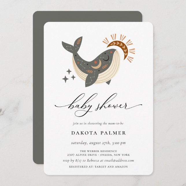 Boho Celestial Whale Baby Shower Invitation (Front/Back)