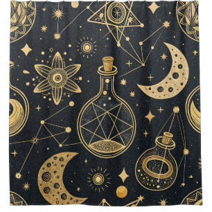 Boho Celestial with Gold Alchemy Symbols Shower Curtain