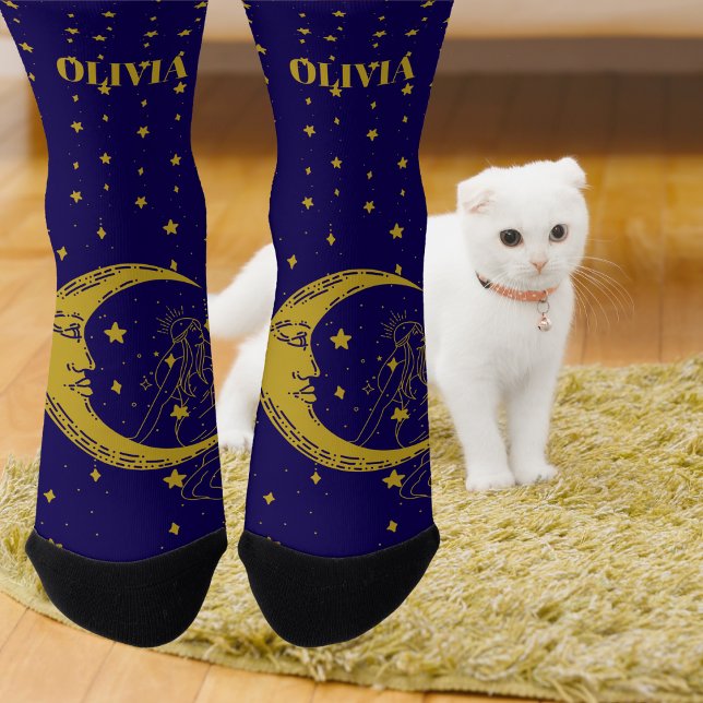Boho Celestial Woman Whimsical Moon Stars Socks (Creator Uploaded)