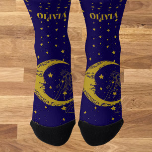 Boho Celestial Woman Whimsical Moon Stars Socks