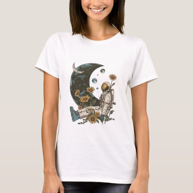 Boho Celestials Moon Astronaut in Space T-Shirt (Front)