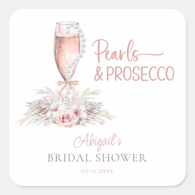 Boho Champagne Glass Pearls&Prosecco Bridal Shower Square Sticker (Front)