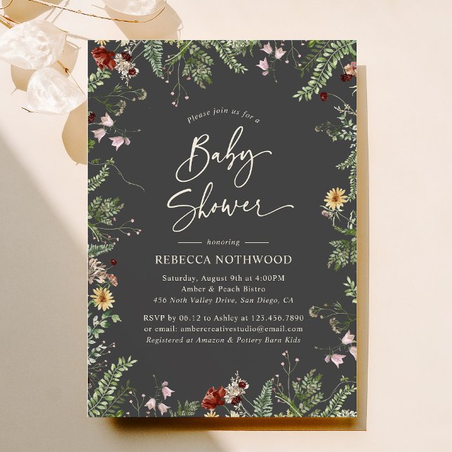Boho Charcoal Grey Wildflowers Baby Shower Invitation (Creator Uploaded)