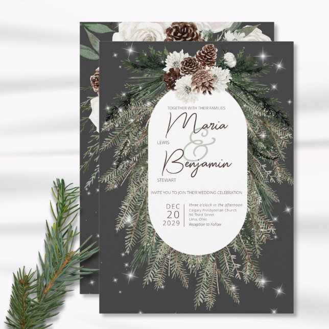 Boho Charcoal Pine Winter Sparkle Wedding Invite (Creator Uploaded)