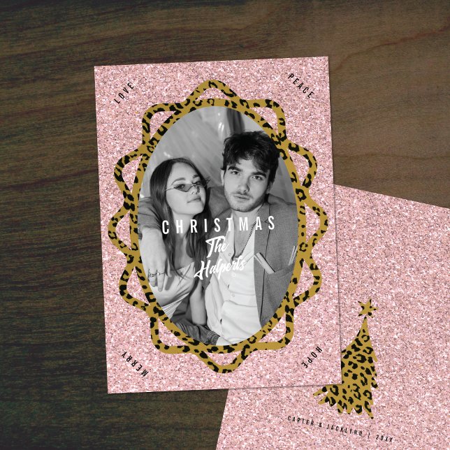Boho Cheetah & Rose Glitter Oval Photo Christmas Holiday Card (Creator Uploaded)