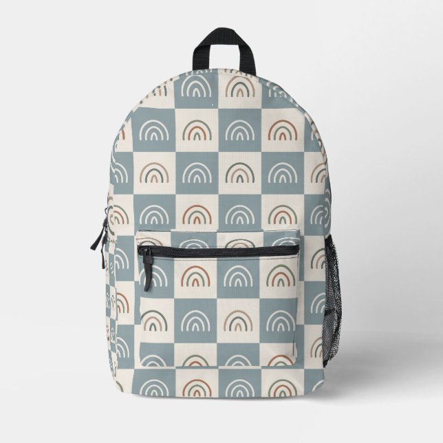 Boho Chequered Rainbow Minimalist Pattern Printed Backpack (Front)